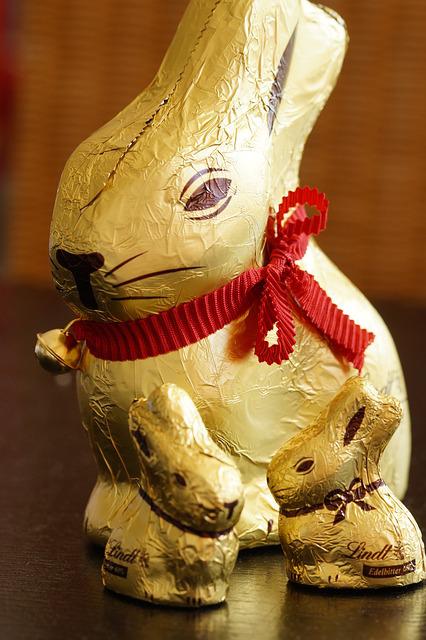 One Large and 2 Small Chocolate Bunnies Wrapped in Gold Foil. These also pose an Easter Danger to pets.