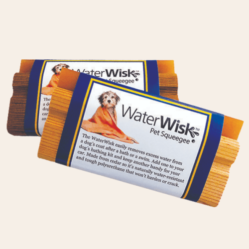 A close-up shot of the packaged WaterWisk or Pet Squeegee
