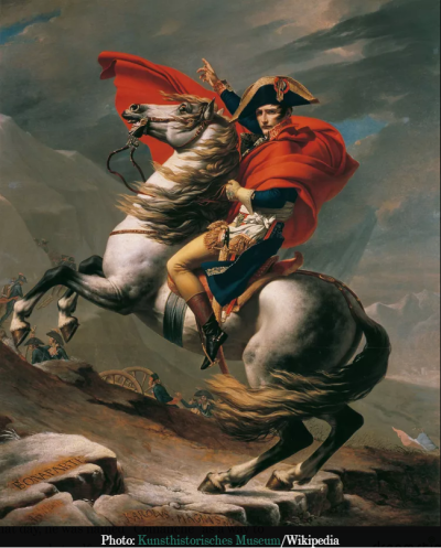 Napoleon Bonaparte Riding Marengo into Battle Painting of Napoleon Bonaparte on his famous horse Marengo crossing the Alps by Jacques-Louis David